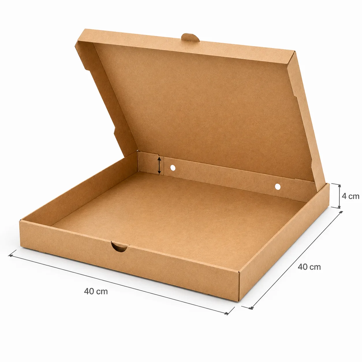 Caja para pizza 40x40 cm abierta mostrando interior de carton microcorrugado
